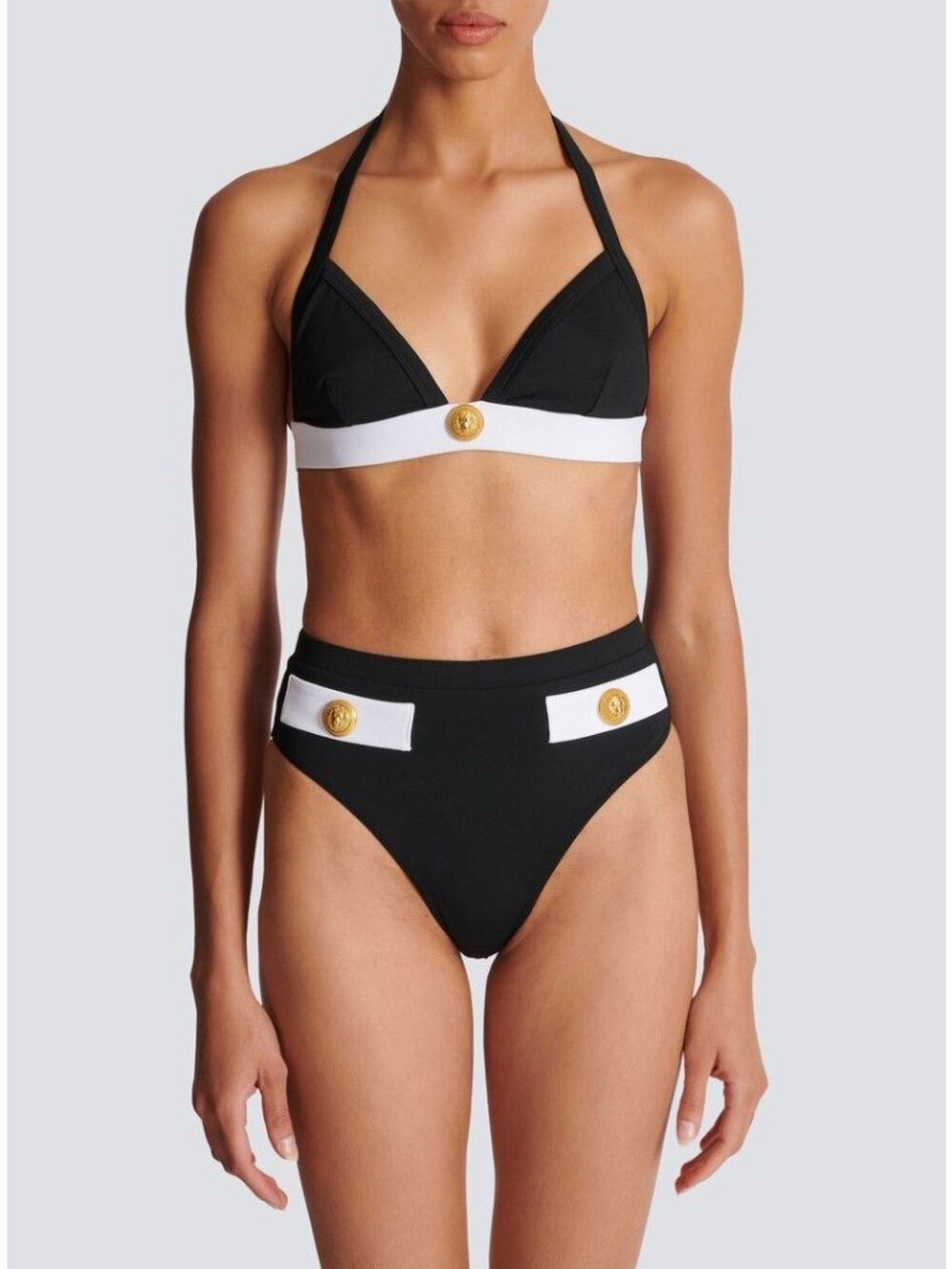 NWT $711 Balmain Lion Head Logo Buttons Two Piece Swimsuit Black Size US 2